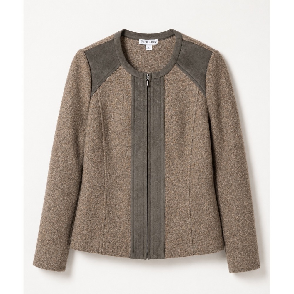 Pendleton Lambswool Wool Jacket Blazer Brown Taupe Zip Front Contrast Trim Large